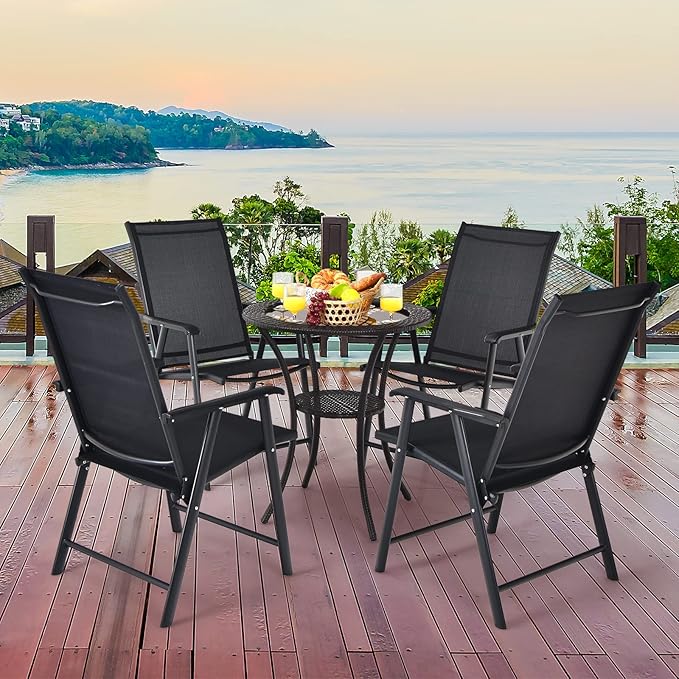 S AFSTAR Patio Chairs Set of 2, Outdoor Foldable Sling Chairs with Armrests, Folding Outdoor Chairs for Lawn Garden Backyard Poolside Porch (Black)