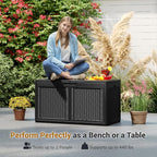 RELAX4LIFE 100-Gallon Resin Deck Box - Waterproof Outdoor Storage Box Container w/Lockable Lid & Wheels, Faux Rattan Porch Bench for Patio Furniture Cushions, Pool Accessories, Garden Tools (Black)