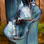 Glitzhome 31.25" H Outdoor Water Fountain with LED Lights and Pump, 4 Tier Turquoise Lotus Leaf Textured Ceramic Floor Standing Fountain, Vase Waterfall Fountains for Porch Deck Garden Patio Backyard