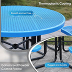 8-Person Picnic Tables for Outdoors, Industrial 46" Expanded Metal Round Picnic Table with 4 Benches & Umbrella Hole, Outside Table and Bench Set for Park, Garden, Backyard, Patio, Blue