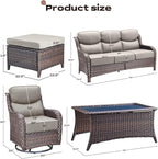 Rilyson Wicker Outdoor Patio Furniture Set - 6 Piece Patio Conversation Sets with Swivel Rocker Chairs, Ottomans, Sofa and Coffee Table, 6 inch Cushions, Deep Seating, for Porch Deck Brown/Beige