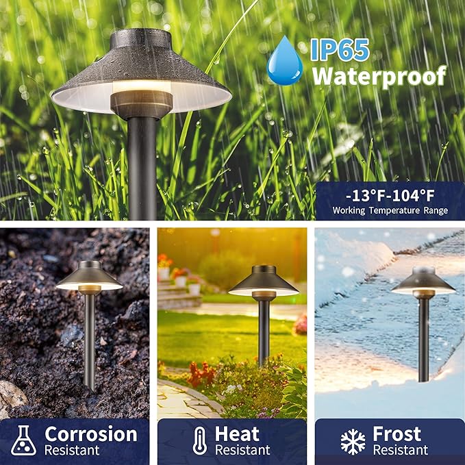 Gardenreet Low Voltage Landscape Lighting Brass - 12v Pathway Lights Waterproof, Hard Wired Path Light Outdoor, Mushroom Bronze for Exterior Area Patio House with 3W 5000K Daylight G4 Bulb (4 Pack)