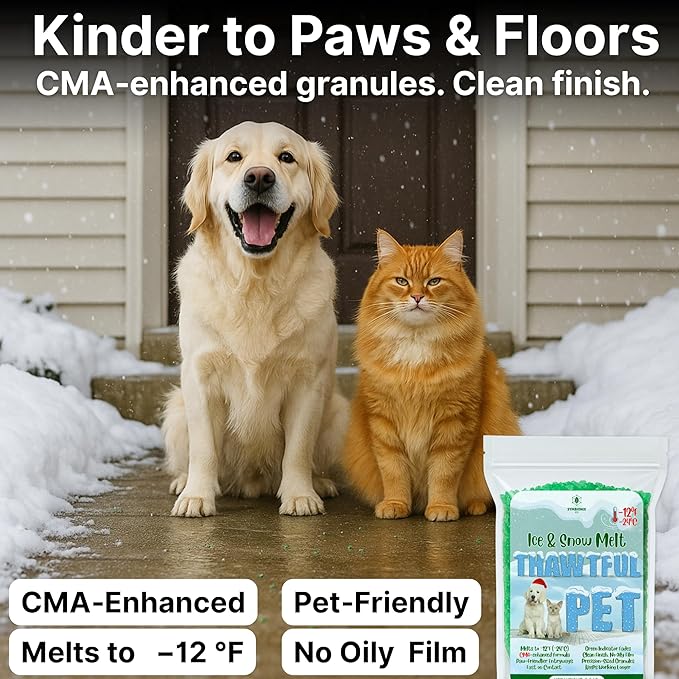 Thawtful Pet Safe Ice Melt – Pet Friendly Ice Melt, Snow Melt – Green Granules with CMA, Melts to −12°F (−24°C) - Driveway Salt & Sidewalk Salt for Ice (20 qt. - 42.6 lb.)