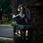 Garden Dragon Statue Tree Hugger Solar Powered Outdoor Figurine Wall Hanging Decor Cute and Reading Magic Book Resin Sculpture Home Decoration Porch Patio Lawn Farm Yard Housewarming Ornament Gift
