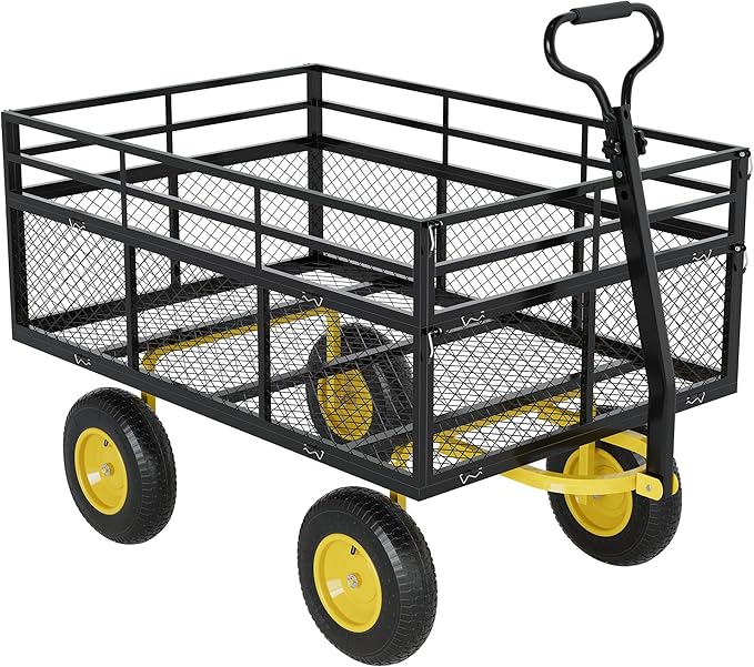 3-in-1 Heavy-Duty Steel Garden Cart, 1400 Lbs Garden Wagon, with 13 Inch All-Terrain Tires and Removable Mesh Side Panels, 180° Rotating Handle, Metal Multi-Function Carts, Outdoor Gardens Wagon Cart