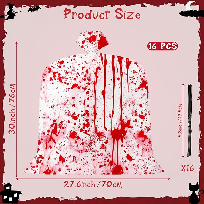 CNhoqc Halloween Lawn Leaf Bags - 16Pcs Halloween Bloody-Themed Thick Plastic Garbage Bags with Twist Ties, Fall Yard Leaf Trash Equiement, Reusable Plastic for Garden Outdoor Decorations Party Favor