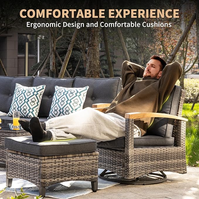 MEISSALIVVE 9 Pieces Outdoor Patio Furniture Sets,PE Wicker Patio Conversation Sets with 2 Wood Armrests Swivel Rocker Chairs,2 Single Chairs, 2-seat Sofa and Coffee Table(Grey)