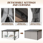 10 x13FT Outdoor Wall-Mounted Hardtop Gazebo, Aluminum Frame Lean to Gazebo with Polycarbonate Roof and Curtains for Patio, Garden, Deck