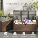 110 Gallon Outdoor Storage Box, Waterproof Patio Deck Box with Lockable Lid, Heavy-Duty HDPE Bench for Garden Tools, Cushions (Brown, 110 Gallon)