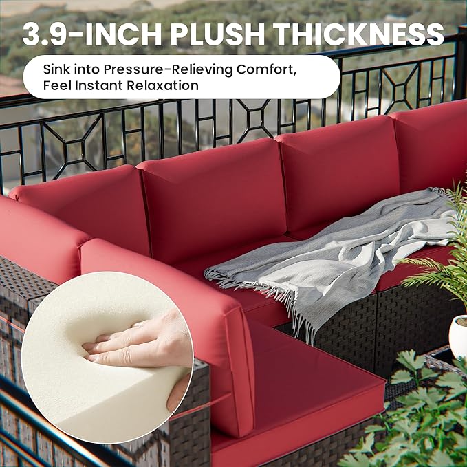13 Pieces Outdoor Patio Furniture Set with Propane Fire Pit Table Outdoor Furniture Patio Sectional Sofa Conversation Sets w/ETL Approved 43" Gas Outdoor Fire Table & Coffee Table (Red)
