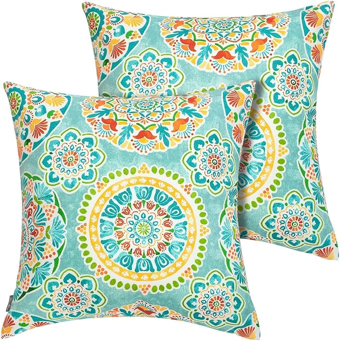 FUNHOME Outdoor Pillow Covers ONLY, No Insert! Pack of 2 Square Throw Pillow Covers, Decorative Water-Repellent Modern Cushion Cases for Sofa Patio Couch Decoration 18 x 18 Inch-Cyan Circle