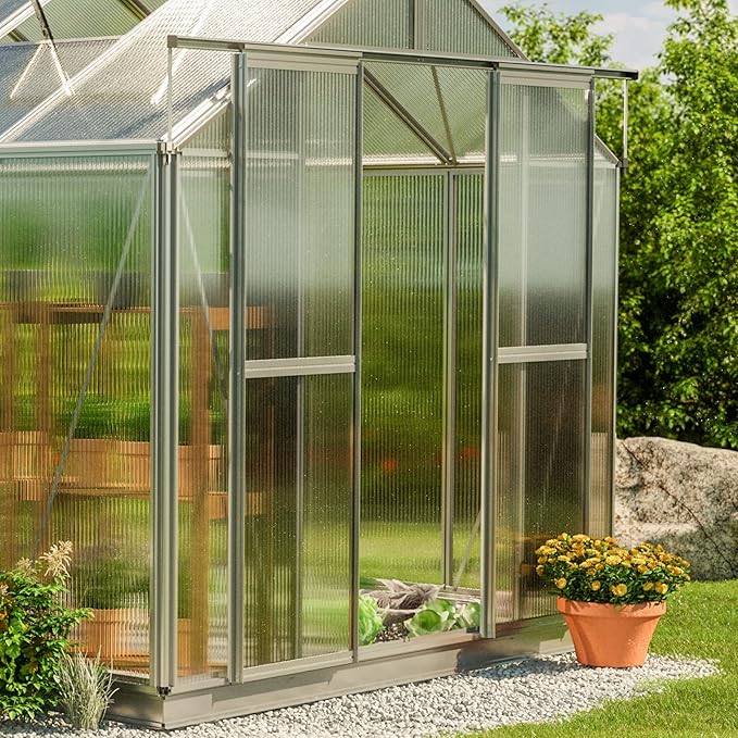 Greenhouse Saphir 4 Aluminum Frame 8.5 x 8.5 ft Approx. 6 mm Polycarbonate Panels - with Bonus Base Frame and Automatic Vent Opener