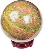 JIC Gem Large Real Crystal Ball with Decoation Stand Unakite Gemstone Sphere Ball for Meditation Energy Reiki Decoation Ball (90-100mm)