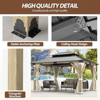 13'x15' Wood Gazebo,Cedar Wood Hardtop Gazebo with Netting and Curtains, Outdoor Wooden Frame Gazebos with Galvanized Steel Double Roof for Patio Garden Deck