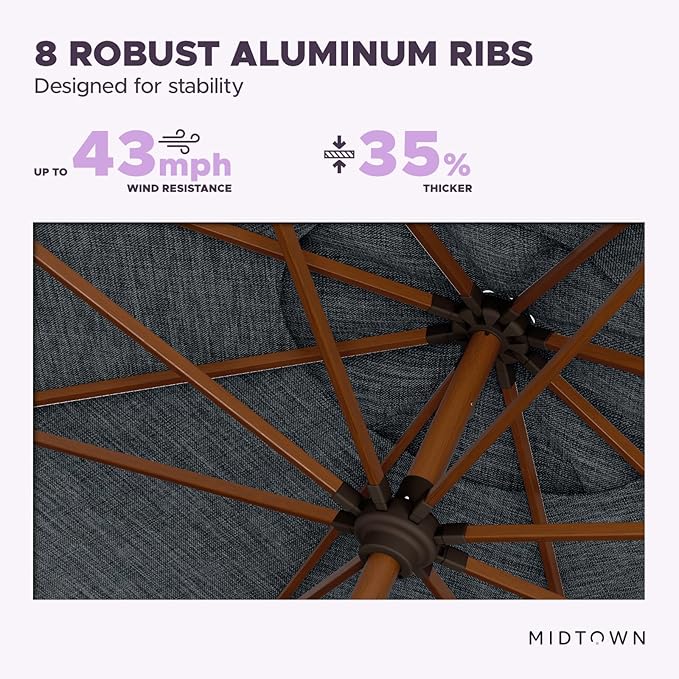 Midtown Umbrellas Sunbrella Umbrella Large Patio Umbrella 2-10 Feet in Cast Slate Fabric, Auto-Tilt Aluminum Frame Backyard Umbrella, Deck Umbrella, Garden Umbrella & Porch Umbrella - Wooden Pole