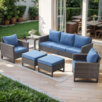 Rilyson Wicker Outdoor Patio Furniture Set - 6 Piece Patio Conversation Set with 2 Armrest Chairs,2 Rattan Ottoman,1 Couch and 1 Metal Side Table for Outside Porch Deck Backyard(Brown/Blue)