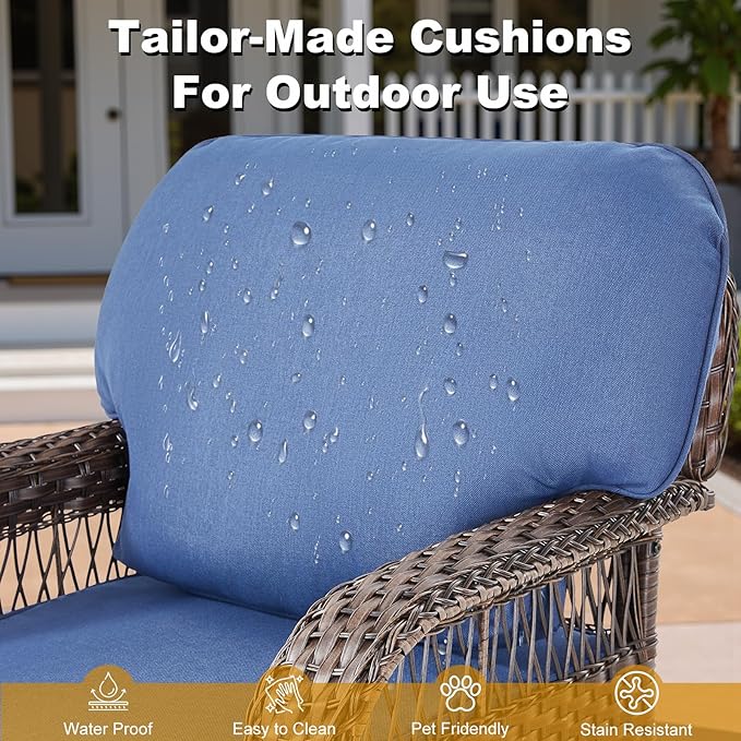 6 Pieces Patio Furniture Set Outdoor Sectional Sofa Couch with Rocking Swivel Chairs 5" Deep Seat Chairs, 2 Sofa Sets Modern Wicker Rattan Conversation Set, Blue/Brown Wicker