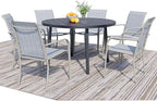 7 Pieces Round Dining Table Set for 6, Patio Dining Set Includes 6 Beige Blue Stackable Patio Chairs and 1 Black Round Table Set of 6, Patio Furniture Sets with Sling Support for Outside, Garden