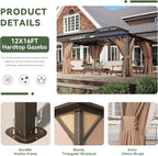 Aoxun 12'x16' Hardtop Gazebo, Aluminum Frame Permanent Pavilion with Netting and Curtains, Outdoor Polycarbonate Double Roof Canopy, Designed for Lawn, Garden, Patio (Khaki)