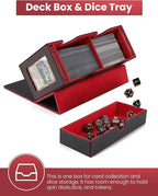 MRAUF MTG Deck Box with Double Commander Display and Dice Tray, Fits 200+ Double Sleeved Cards, Card Storage Box Plus 2 Magnetic Holders& 100Pcs Card Sleeves (Black& Red)