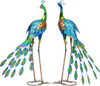 32" Tall Metal Peacock Garden Statue, Handmade Oversized Couple Peacock Sculptures with Anchor Ground Stakes, Iron Ornament Yard Art Decor for Garden, Patio, Entryway Porch, or Home Space.