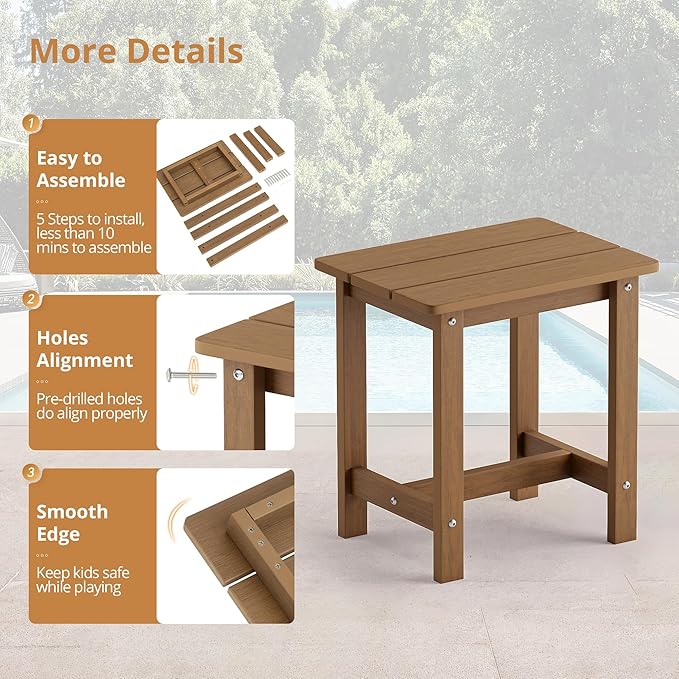 LUE BONA Outdoor Side Table, HDPS Small Adirondack End Table for Patio, Porch, Deck, Weather Resistant, Easy Maintenance, Indoor or Outdoor Use, Brown