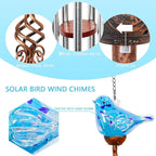 Solar Glass Bird Shape Wind Chimes, LED, Outdoor Glass and Metal Decoration for Lawn and Patio, 7 x 4 x 44 inches (Light Blue)