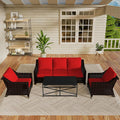 Vista Vibe 4 Pieces Outdoor Patio Conversation Furniture Set - 78" 3-seat Sofa | 2 Chairs | Metal Coffee Table, Deep Seat Loveseat, Removable Cushions, PE Rattan Couch, Lawn (Brown/Red)