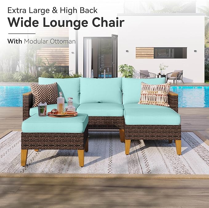 GREEN PARTY 9 Pieces Wicker Patio Furniture Set, All-Weather Outdoor Rattan Patio Sectional Sofa Conversation Set 9 Seats with 4" Thick Cushions for Garden, Backyard, 2 x Ottomans (Blue)