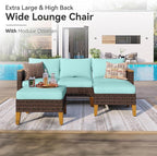 GREEN PARTY 7 Pieces Wicker Patio Furniture Set, All-Weather Outdoor Rattan Patio Sectional Sofa Conversation Set with 4" Thick Cushions for Garden, Backyard, 2 x Ottomans (Blue)
