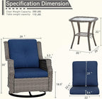 Patio Bistro Set 3 Pieces - Outdoor Swivel Rocker Patio Chair Set of 2 with Matching Tempered Glass Side Table, Cushion Included(Mixed Grey/Blue)