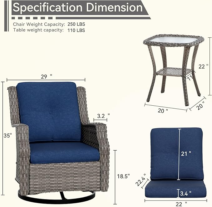 Patio Bistro Set 3 Pieces - Outdoor Swivel Rocker Patio Chair Set of 2 with Matching Tempered Glass Side Table, Cushion Included(Mixed Grey/Blue)