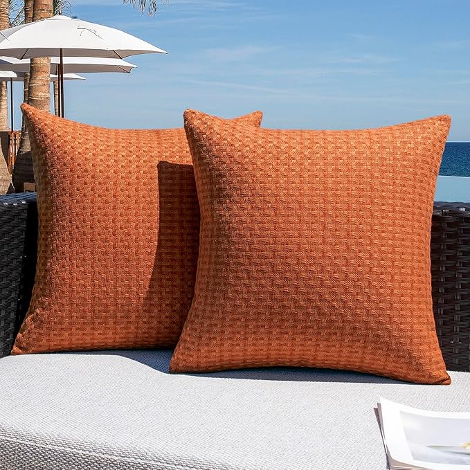 Kevin Textile Fall Outdoor Waterproof Throw Pillow Covers Pack of 2 Farmhouse Decorative Cushion Covers for Garden Patio Tent Balcony Bench Couch Sofa 22x22 Inch, Burnt Orange