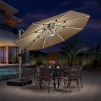 PURPLE LEAF 11ft Patio Umbrella With Base Solar powered LED Cantilever Umbrella with LED lights Windproof Outdoor Offset Umbrella for Garden Deck Pool Patio, Beige