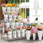 Flower Display Stand 4 Layers with 16 PCS Round Buckets, Plant Stand with Wheels, Movable Metal Plant Stand for Terrace Garden, Florist Shop