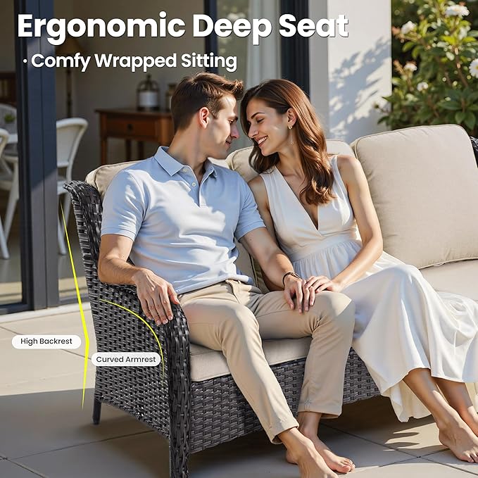 ovios 7 Pieces Patio Furniture Set, Outdoor Wicker Sofa Couch with Swivel Chairs 42" Fire Pit Table, High Back All Weather Modern Conversation Sets, Brown Rattan, Beige