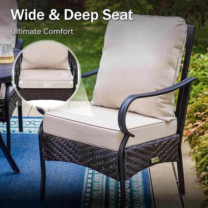 PHI VILLA 7-Piece Outdoor Dining Set, Heavy Duty Patio Table and Chairs Set with Umbrella Hole for 6, 64" Rectangular Patio Woodgrain Metal Table & Wicker Metal Chairs with Cushions, 2 Swivel