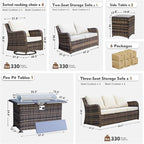 MEISSALIVVE Outdoor Patio Furniture Set with 43" Fire Pit Table, 9 Pieces Wicker Patio Conversation Set with Swivel Chairs, Outdoor Patio Set for Lawn Backyard Porch (Brown)