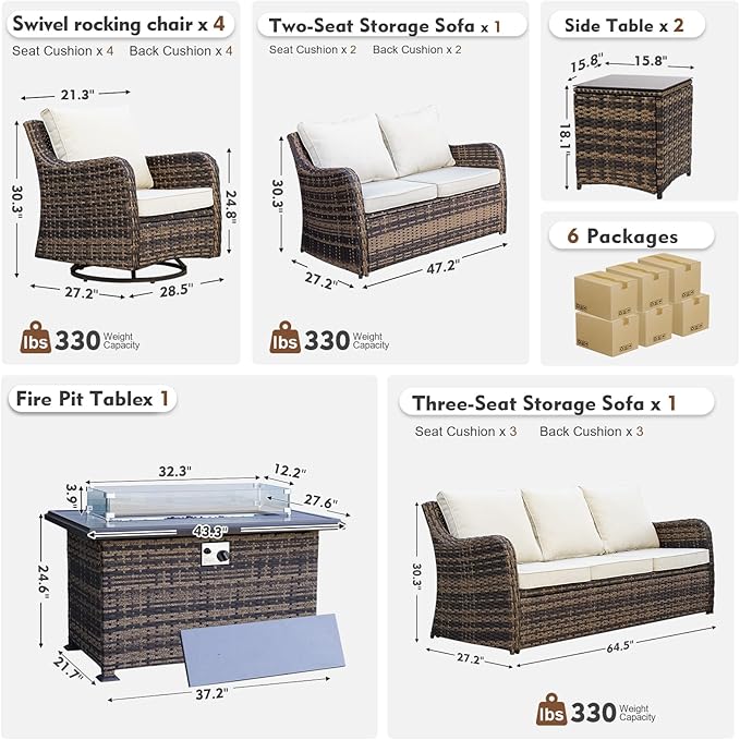 MEISSALIVVE Outdoor Patio Furniture Set with 43" Fire Pit Table, 9 Pieces Wicker Patio Conversation Set with Swivel Chairs, Outdoor Patio Set for Lawn Backyard Porch (Brown)