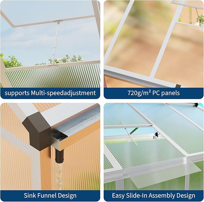 8x10 ft Greenhouse for Outdoors, Polycarbonate Greenhouse with Roof Vent, Ground Nails, Lockable Push Door, Aluminum Large Walk-in Green House for Outside Garden Backyard, Patio, Lawn, Silver