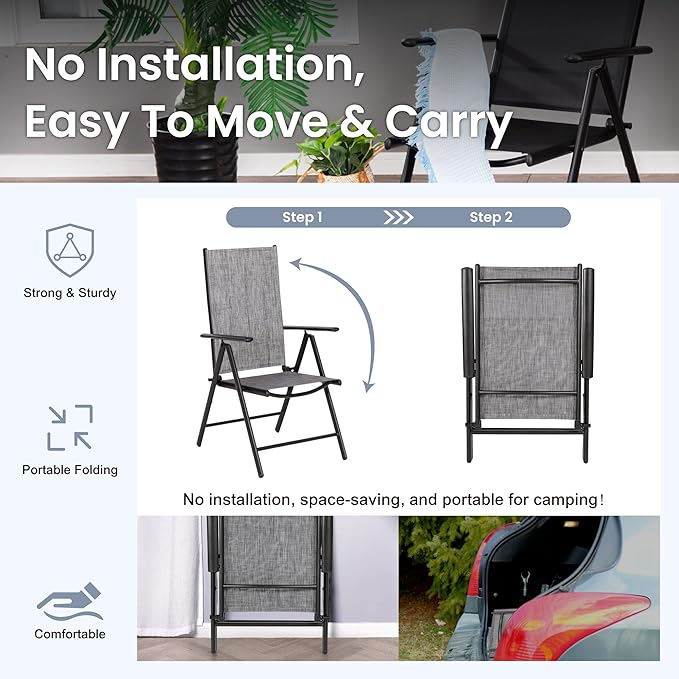 PHI VILLA Outdoor Patio Dining Set with Umbrella (No Base), Patio Table and Chairs Set for 4 with Adjustable Folding Patio Chairs Grey & Metal Square Dining Table