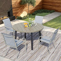 5 Pieces Round Dining Table Set for 4, Patio Dining Set Includes 4 Beige Blue Stackable Patio Chairs and 1 Honey Oak Round Table, Patio Furniture Sets with Sling Support for Outside, Garden