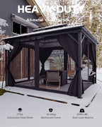 GAOMON Hardtop Gazebo 10'x14' for All Weather, with Double Metal Roof, Aluminum Alloy Frame, Net, and Curtain, Permanent Building of Backyard Luxury for Patio, Deck, Backyard, Lawn, and Garden, Gray