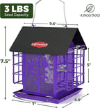 Kingsyard Metal Bird Feeder for Outdoor Hanging, Wild Bird Feeder with Double Suet Cage, Weatherproof Roof and 3 lbs Large Seed Capacity, Purple