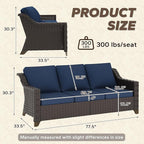 77'' Patio Sofa, All Weather Outdoor Rattan Wicker 3-Seat Sofa High Back Couch with Premium Cushions for Garden Backyard Porch(Brown/Navy)