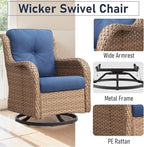 Luxury Wicker Swivel Patio Chairs Set of 3, Outdoor Swivel Rocking Chairs with Side Table, Outdoor Bistro Set for Patio, Porch, Yard, Deck, Poolside, Yellow/Blue