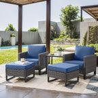 Rilyson Wicker Outdoor Patio Furniture Set - 5 Piece Patio Conversation Set with 2 Wicker Armrest Chairs,2 Rattan Ottoman and 1 Metal Side Table for Outside Porch Deck Backyard Garden(Brown/Blue)