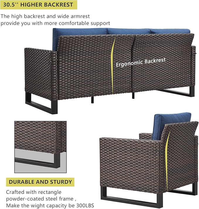 HUMMUH 10 Piece Patio Furniture Set PE Wicker 3 Outdoor Sectional Sofa Set with Patio Chairs Dinning Table Ottomans for Porch,Garden,Backyard,Deck(Brown/Blue)