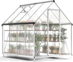 6x8 FT Greenhouse for Outdoors, Polycarbonate Green House with Quick Assembly Structure and Roof Vent, Large Aluminum Walk-in Green House for Outside Garden Backyard, Silver