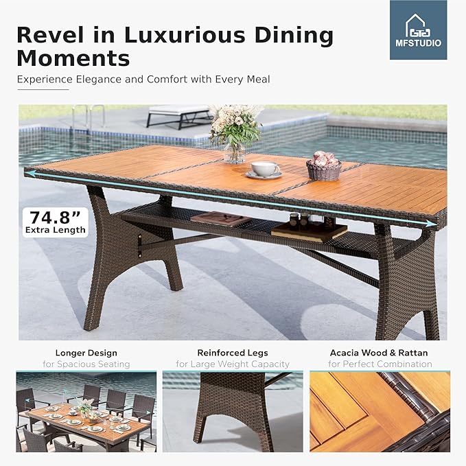 MFSTUDIO Outdoor Dining Sets for 8, 9 Pieces Patio Dining Furniture, 74’’ Rectangular Table Set and Chairs, Acacia Wood Top & Rattan and Metal Frame, Outdoor Patio Modern Furniture